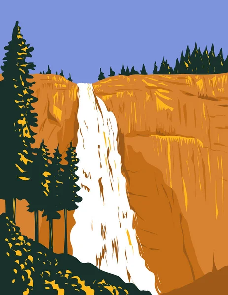 WPA 'nın Nevada Şelaleleri' nin resmi Granit Kubbe 'nin altındaki Merced River' da Küçük Yosemite Vadisi 'nin batısındaki Yosemite Ulusal Parkı, Kaliforniya' daki çalışma projesi tarzında yapıldı.. 