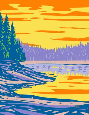 WPA poster art of Ribbon Lake in the Canyon section of Yellowstone National Park, Montana USA done in works project administration style federal art project style or federal art project style. clipart