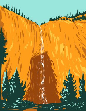 Yellowstone Ulusal Parkı 'ndaki en uzun şelalelerden biri olan Fairy Falls' un WPA poster sanatı Teton County Wyoming USA 'de iş idaresi tarzı federal sanat projesi tarzında yapılmıştır..