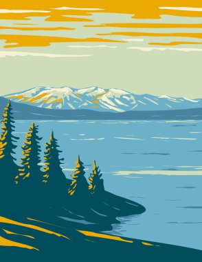 WPA poster art of Yellowstone Lake, the largest body of water located within Yellowstone National Park, Wyoming USA done in works project administration style or federal art project style. clipart