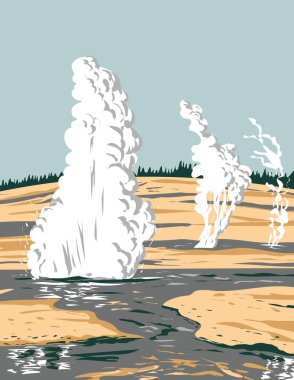 WPA 'nın Norris Geyser Havzası poster sanatı Yellowstone' un Yellowstone Ulusal Parkı 'ndaki termal ve jeotermal alanlarının en sıcak, en eski ve en dinamik olanı Wyoming' in proje yönetimi tarzında yapılmıştır..