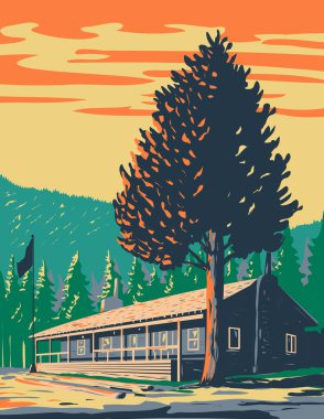 WPA 'nın WPA afiş sanatı Roosevelt Lodge kulübelerinin Yellowstone Ulusal Parkı' ndaki Tower-Roosevelt bölgesinde yer alan proje yönetimi tarzı veya federal sanat projesi tarzında yapılmıştır..