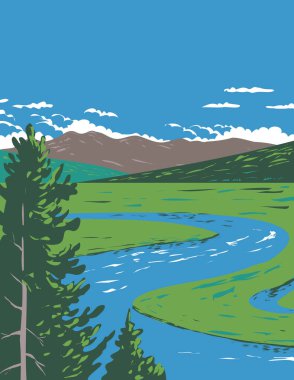 WPA 'nın Hayden Vadisi poster sanatı Yellowstone Ulusal Parkı' ndaki Yellowstone Nehri 'nde uzanan bir alt-alp vadisi, Wyoming USA' nın iş yönetimi projesi tarzı veya federal sanat projesi tarzında yapılmıştır..