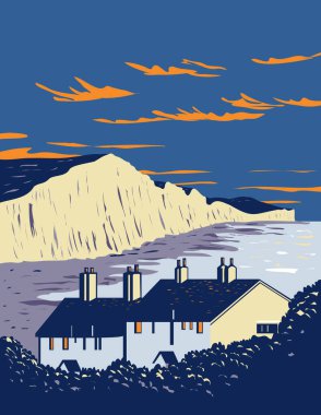 Art Deco ya da WPA Seven Sisters posteri, Güney İngiltere 'deki South Downs Ulusal Parkı' ndaki İngiliz Kanalı 'nın oradaki tebeşir uçurumları, Birleşik Krallık iş yönetimi tarzında yapıldı..