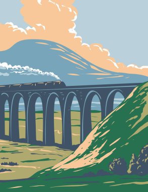 Art Deco or WPA poster of steam train on railway over Batty Moss or Ribblehead Viaduct in Yorkshire Dales National Park, northern England, United Kingdom done in works project administration style. clipart