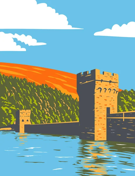 Affiche Art Déco Wpa Des Réservoirs Ladybower Derwent Dans Parc — Image vectorielle