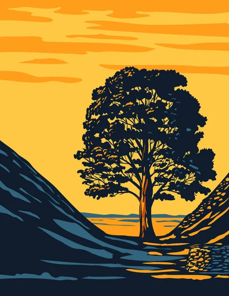 Cartel Art Deco Wpa Del Árbol Sycamore Gap Hadrian Wall — Archivo Imágenes Vectoriales