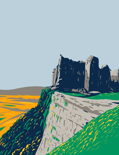 Art Deco Lub Wpa Plakat Ruin Zamku Carreg Cennen Znajdujących — Wektor stockowy