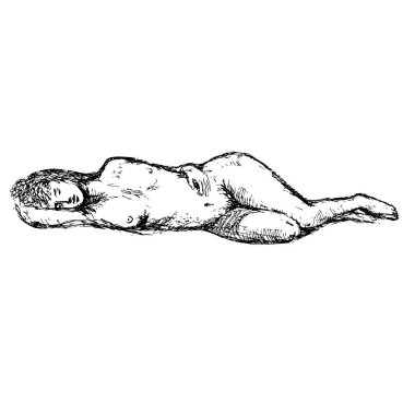 Çıplak kadın figürü poz veren, yaslanan, sırtüstü uzanan ya da sürekli çizgi halinde çizilen, izole edilmiş arka planda siyah beyaz bir insan figürü çizimi..
