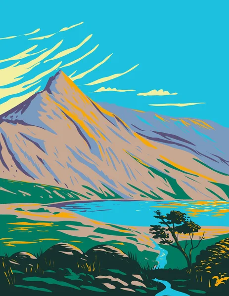 Art Deco Eller Wpa Affisch Mount Snowdon Med Lake Glaslyn — Stock vektor