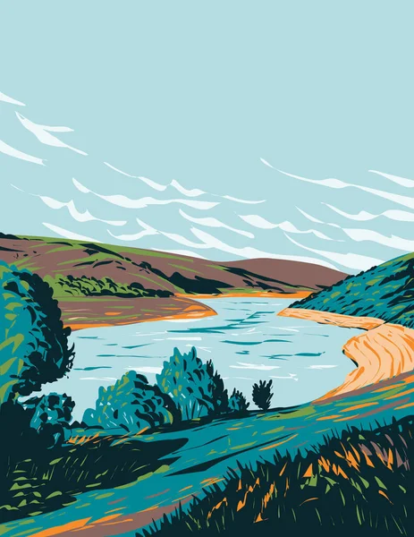 Art Deco Eller Wpa Affisch Meldon Reservoir Nära Okehampton Dartmoor — Stock vektor