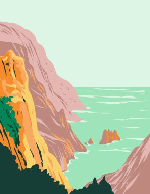 Güney Fransa 'nın Bouches-du-Rhone bölgesinde Akdeniz kıyısındaki Sugiton' daki Calanques Ulusal Parkı veya Parc National des Calanques 'in Art Deco veya WPA posteri proje yönetimi tarzında yapıldı.