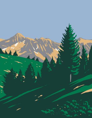Art Deco ya da Mercantour Ulusal Parkı 'nın WPA posteri ya da Alpes-de-Haute-Provence' deki Parc National du Mercantour ve Fransa Alpes-Maritimes departmanının proje yönetimi tarzında yapılmış posteri.
