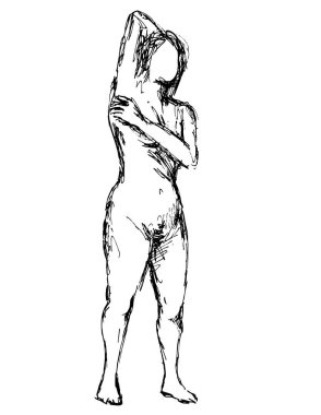 Çıplak kadın figürünün karalama sanatı tasviri. Elleri başının arkasında poz veriyor. Aralıksız çizim tarzıyla izole edilmiş arka planda siyah beyaz çiziyor..