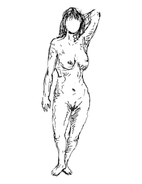 黒と白の連続線画で行描画スタイルで行頭の正面ビューの後ろに手でポーズヌード女性の人間の図の人形アートイラストは 隔離された背景に — ストックベクタ