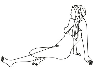 Yan tarafta çıplak bir kadının çizimi durmaksızın çiziliyor. Oturma pozisyonu, izole edilmiş arka planda siyah-beyaz olarak çiziliyor.. 