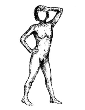 Çıplak kadın figürünün karalama sanatı tasviri. El kalçada, selam verme çizgisinde duruyor. İzole edilmiş arka planda siyah beyaz çizim stili..