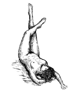 Çıplak bir kadın figürünün karalama sanatı çizimi. Ayakları duvara kadar uzanmış, izole edilmiş arka planda siyah beyaz çizim tarzıyla..