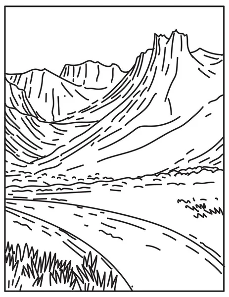 Linia Mono Ilustracja Sztuki Bramy Arktycznego Parku Narodowego Rezerwatu Brooks — Wektor stockowy