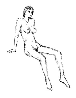 Çıplak bir kadın figürünün karalama sanatı çizimi. Sıraya dizilmiş, izole edilmiş arka planda siyah beyaz çizim tarzı..