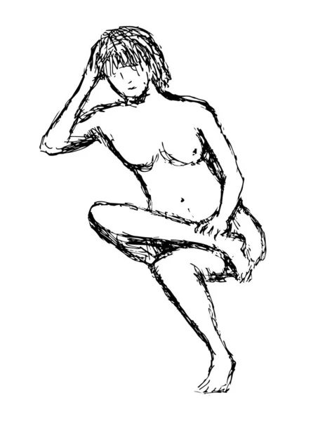 一个裸体女性人像坐着 双腿交叉 头靠手 在孤立的背景中以黑白线条画法描绘的涂鸦艺术图景 — 图库矢量图片