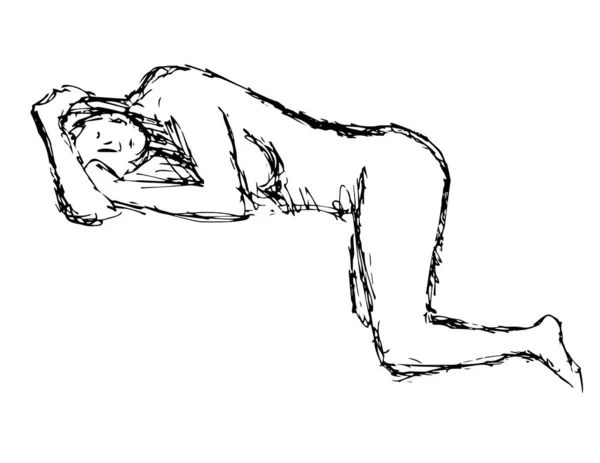 Doodle Art Illustration Nude Female Human Figure Posing Kneeling Leaning — Stock Vector