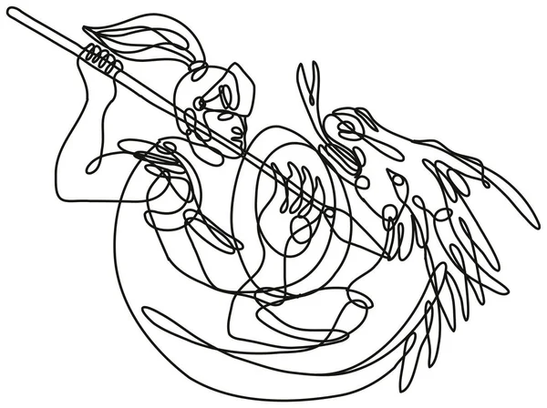 Desenho Linha Contínua Ilustração Cavaleiro Com Lança Escudo Dragão Combate —  Vetores de Stock