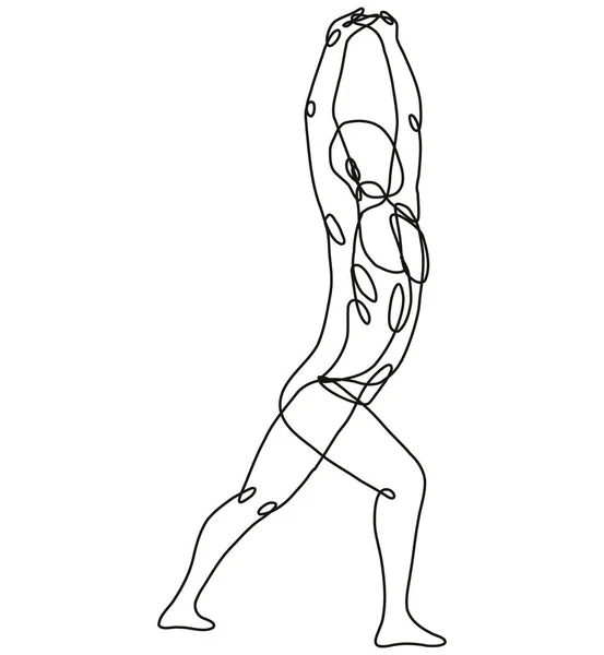 连续的线条描绘一个裸体的男性人物形象站着 从单行的侧面或在孤立的背景下以黑白相间的涂鸦风格伸展双臂 — 图库矢量图片