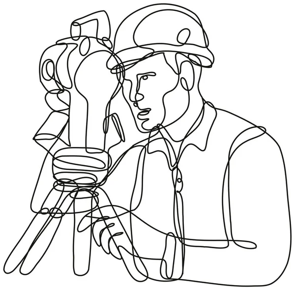 Continuous Line Drawing Illustration Geodetic Surveyor Using Theodolite Done Mono — Stock Vector