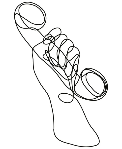 モノラインで行われたヴィンテージ電話を保持する手の連続線画図または孤立した背景に黒と白でドアスタイル — ストックベクタ