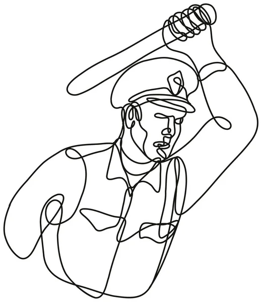 Непрерывная Линия Рисования Иллюстрации Полицейского Офицера Полиции Ударяющего Дубинкой Дубинкой — стоковый вектор