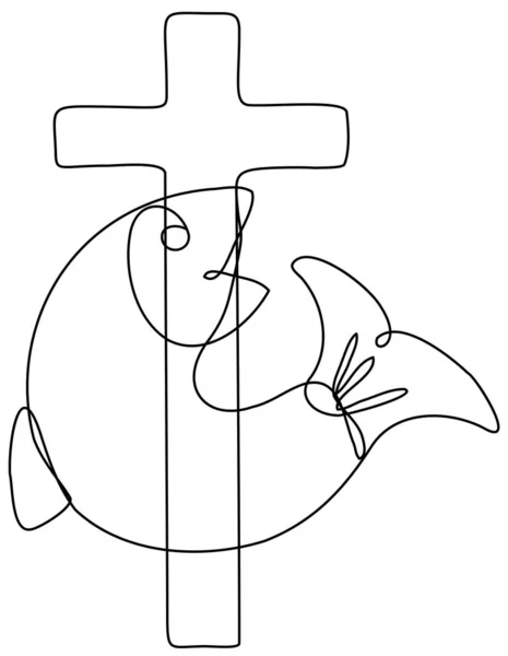 Durchgehende Linienzeichnung Illustration Eines Fisches Und Kreuzes Symbol Des Christentums — Stockvektor