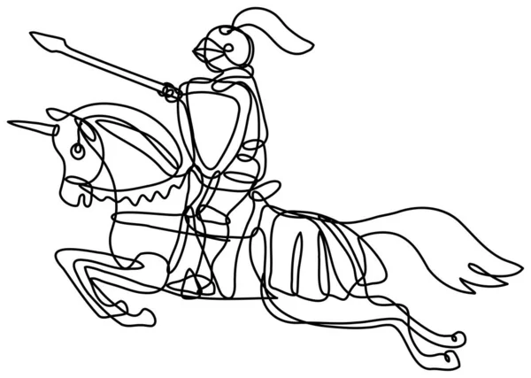 Disegno Linee Continue Illustrazione Cavaliere Medievale Con Lancia Scudo Posto — Vettoriale Stock