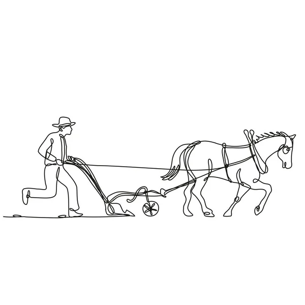 Desenho Linha Contínua Ilustração Agricultor Orgânico Campo Aração Cavalos Vista — Vetor de Stock