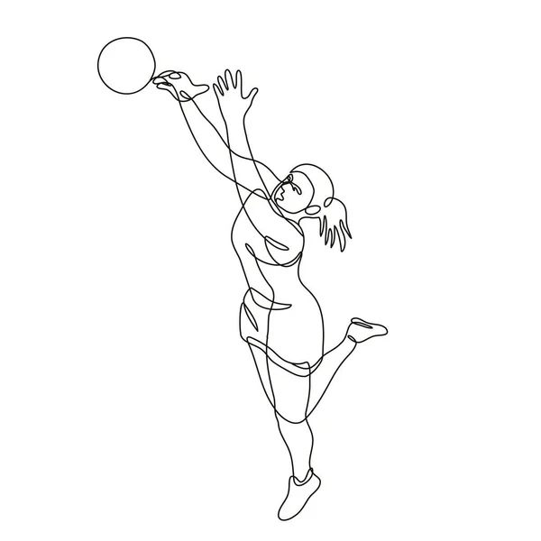 Kontinuerlig Linje Ritning Illustration Netball Spelare Rebounding Och Fånga Bollen — Stock vektor