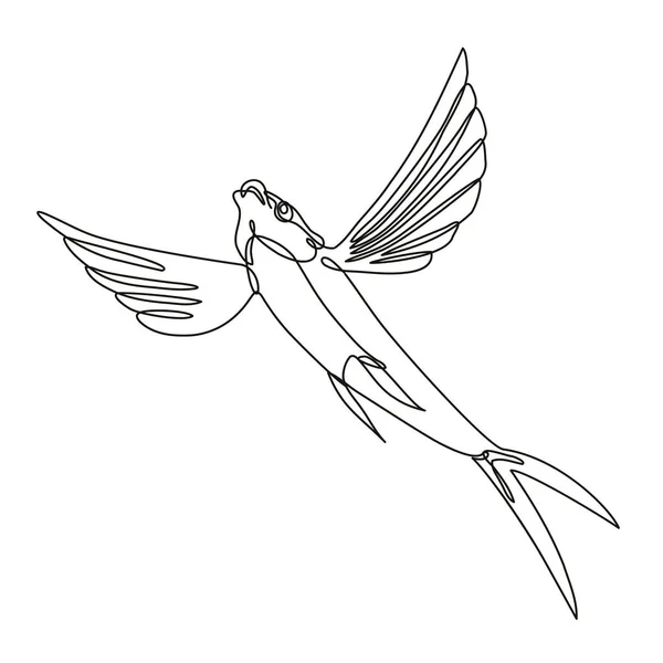 モノラインまたは黒と白の独立した背景にドアスタイルで行われたセーフィン飛行魚の連続線画 — ストックベクタ