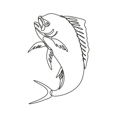 Continuous line drawing illustration of a dorado dolphin fish or mahi mahi Jumping Up done in mono line or doodle style in black and white on isolated background.  clipart