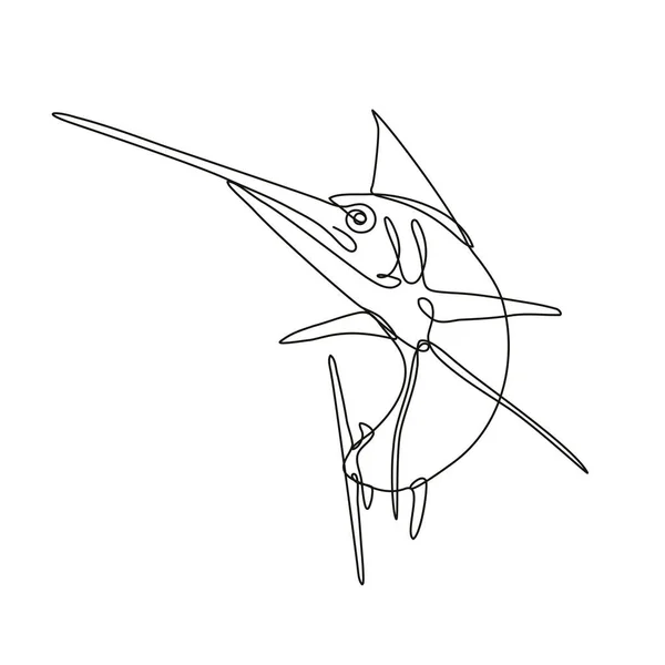 在孤立的背景下以单行或黑白涂鸦风格表现的愤怒的大西洋蓝马林鱼跳起来的连续线条图 — 图库矢量图片