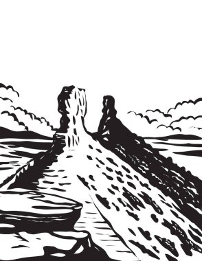 Colorado 'nun güneybatısındaki San Juan Ulusal Ormanı' ndaki Chimney Rock Ulusal Anıtı 'nın WPA poster sanatı ABD' nin çalışma projelerinde siyah-beyaz stili..