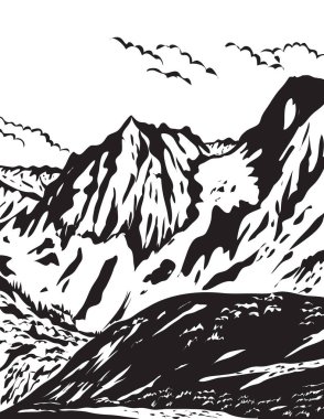 WPA afiş sanatı Kuzey Cascades Ulusal Parkı 'nda Cascade Pass Trail Kuzey Washington State, ABD iş projesi siyah-beyaz tarzı yapılır.