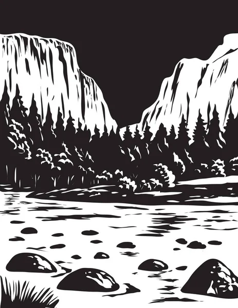 Wpa Poster Monochrome Kunst Von Capitan Yosemite Nationalpark Kalifornien Usa — Stockvektor