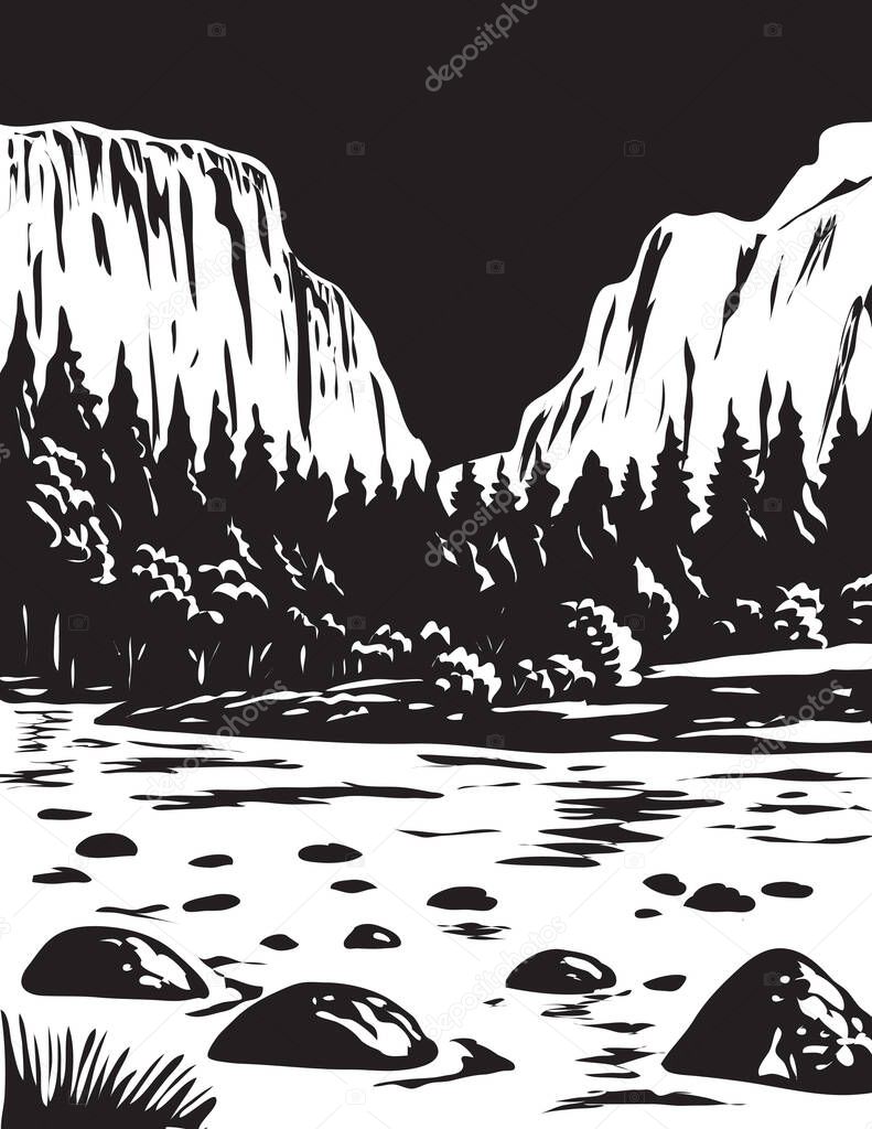 WPA poster monochrome art of El Capitan in Yosemite National Park in California, USA done in works project administration black and white style.