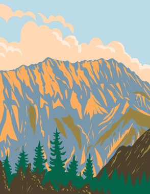 Art Deco or WPA Poster of Gesause National Park located in the mountainous Upper Styrian region within the Ennstal Alps in Styria, Austria done in works project administration style. clipart