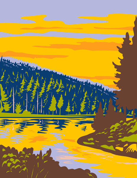 Арт-деко или плакат WPA национального парка Шварцвальд с ледниковым озером Цирка рядом с Рюстейном в штате Баден-Вюртемберг на юго-западе Германии выполнен в стиле администрирования работ