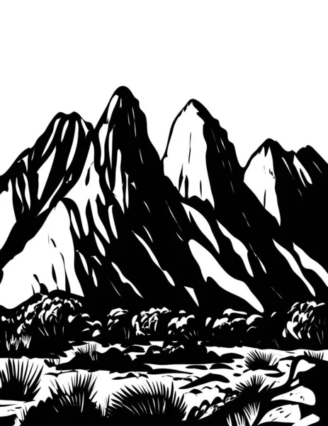 美国新墨西哥州拉斯克鲁斯市的风琴山脉 沙峰国家纪念馆的Wpa海报单色艺术 作品为黑白风格的作品项目管理 — 图库矢量图片
