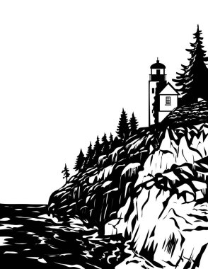 WPA, Bass Harbor Liman Müdürü Acadia Ulusal Parkı afiş sanatı, Hancock County Maine USA çalışma projesi yönetimi siyah-beyaz tarzı.