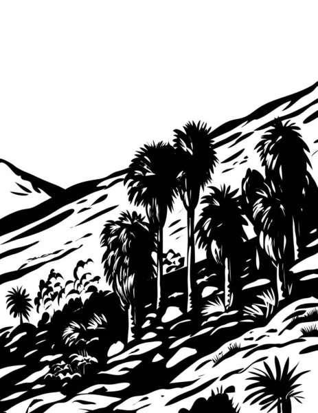 Wpa Woodcut Poster Art Fortynine Palms Oasis Trail North End —  Vetores de Stock
