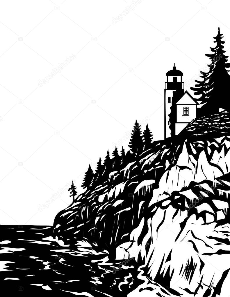 WPA woodcut poster art of Bass Harbor Head Light Acadia National Park, Hancock County Maine USA done in works project administration black and white style.