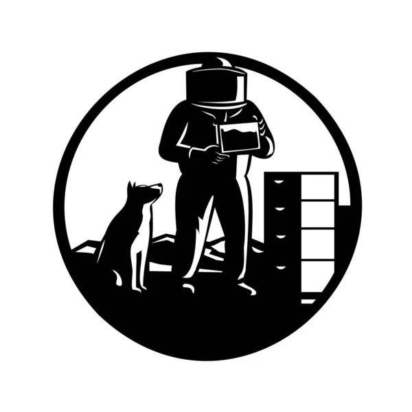 Maskottchen Illustration Des Imkers Trägt Bienenanzug Mit Border Collie Hund — Stockvektor