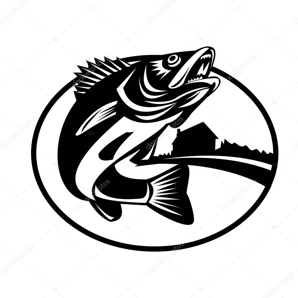 Illustration of a Walleye or Sander vitreus jumping  up with lake and cabin set inside oval done in retro black and white style. 